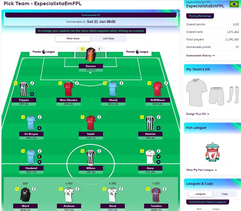 Escalação da 21° Rodada do Fantasy da Premier League