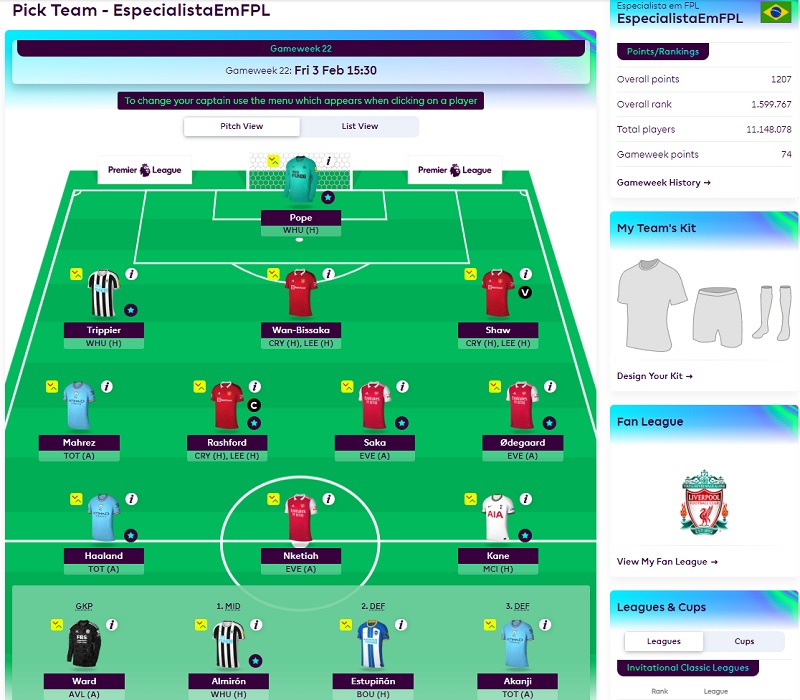 Escalação da 22° Rodada do Fantasy da Premier League